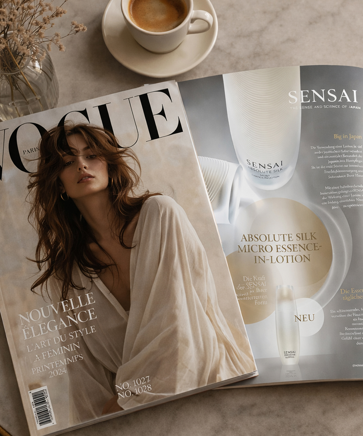 Gestaltung eines Advertorials für die Produktlinie „Absolut Silk Micro-Essence-In-Lotion“ der Luxusmarke SENSAI. Ziel war es, die hochwertige Markenwelt visuell in einem redaktionellen Umfeld zu inszenieren und die Produktlinie markengerecht zu präsentieren. Das Advertorial wurde für die Märkte Österreich, Deutschland und die Niederlande umgesetzt.
